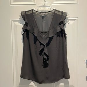 Express Semi-Sheer Flowy Black Top Size XS, Ruffle V-Neck Satin Lightweight
